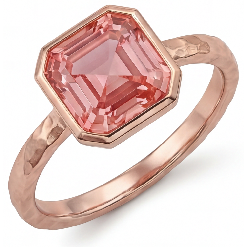 Verlobungsring aus Roségold mit Pfirsich-Saphir, 2,5 Karat, echter Padparadscha im Asscher-Schliff, Lünette, Solitär