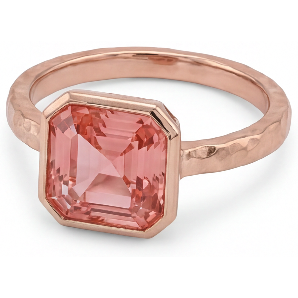 Verlobungsring aus Roségold mit Pfirsich-Saphir, 2,5 Karat, echter Padparadscha im Asscher-Schliff, Lünette, Solitär