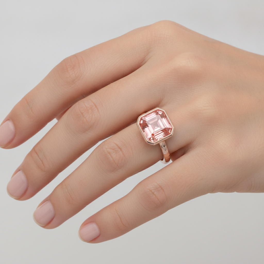 Verlobungsring aus Roségold mit Pfirsich-Saphir, 2,5 Karat, echter Padparadscha im Asscher-Schliff, Lünette, Solitär