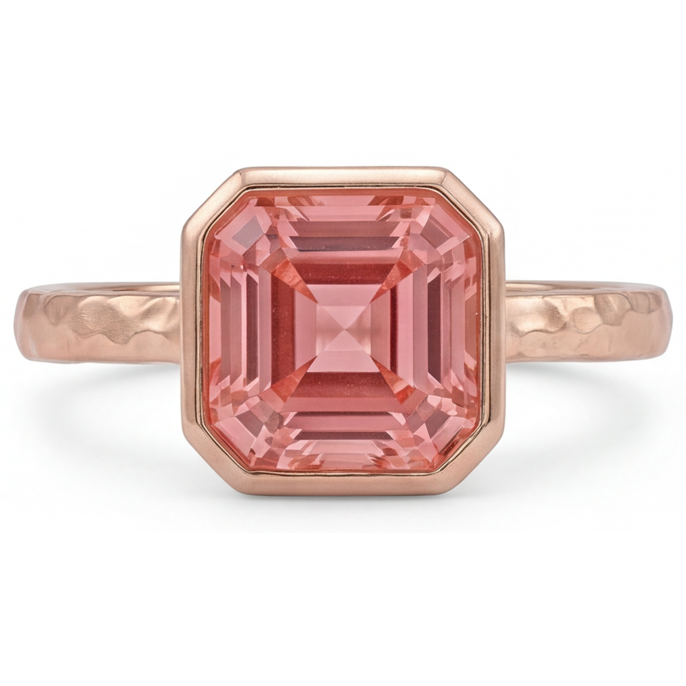 Verlobungsring aus Roségold mit Pfirsich-Saphir, 2,5 Karat, echter Padparadscha im Asscher-Schliff, Lünette, Solitär