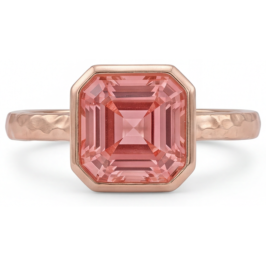 Verlobungsring aus Roségold mit Pfirsich-Saphir, 2,5 Karat, echter Padparadscha im Asscher-Schliff, Lünette, Solitär