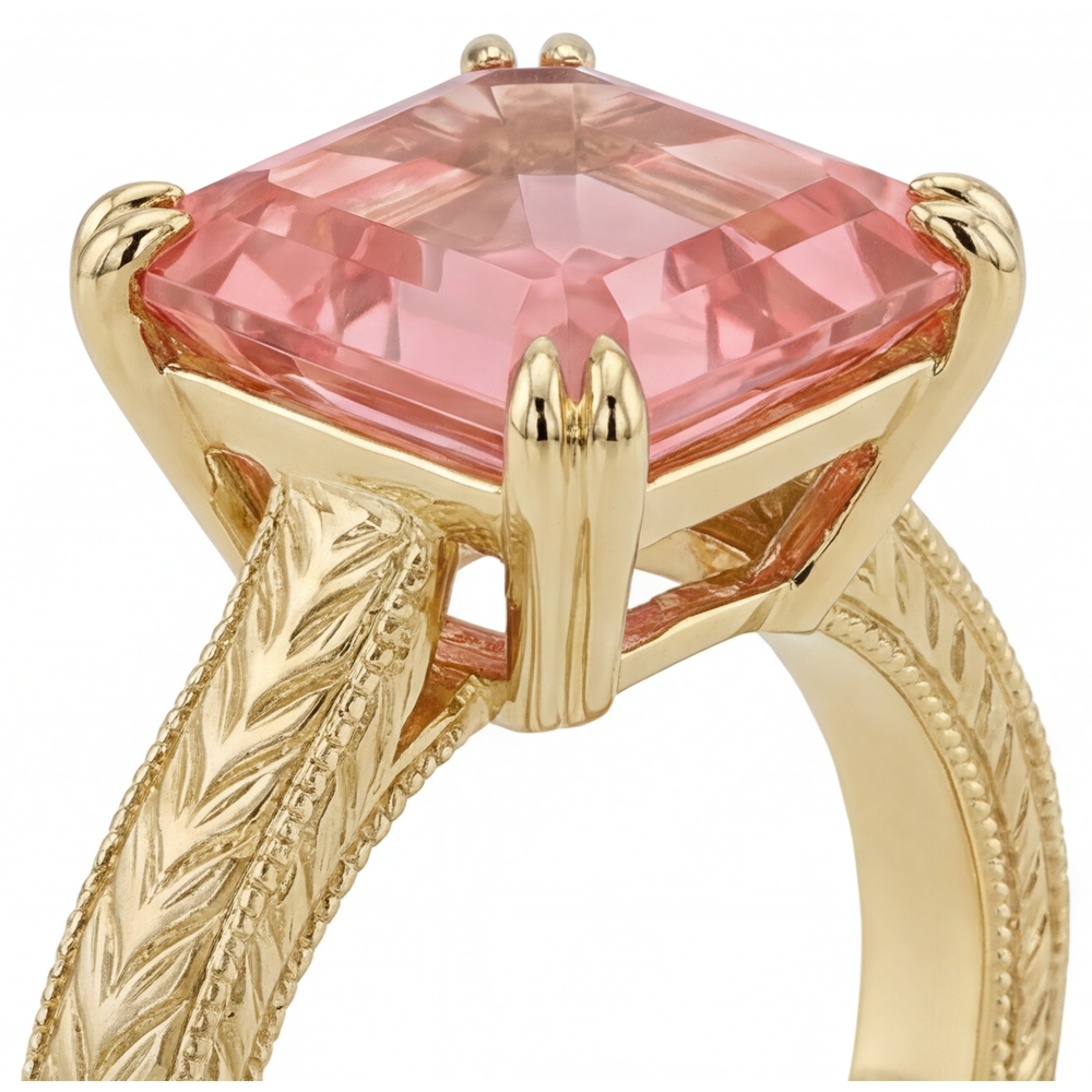 Verlobungsring mit pfirsichfarbenem Saphir, 3,5 Karat, natürlicher Padparadscha-Solitär im Asscher-Schliff, 14 Karat Gelbgold