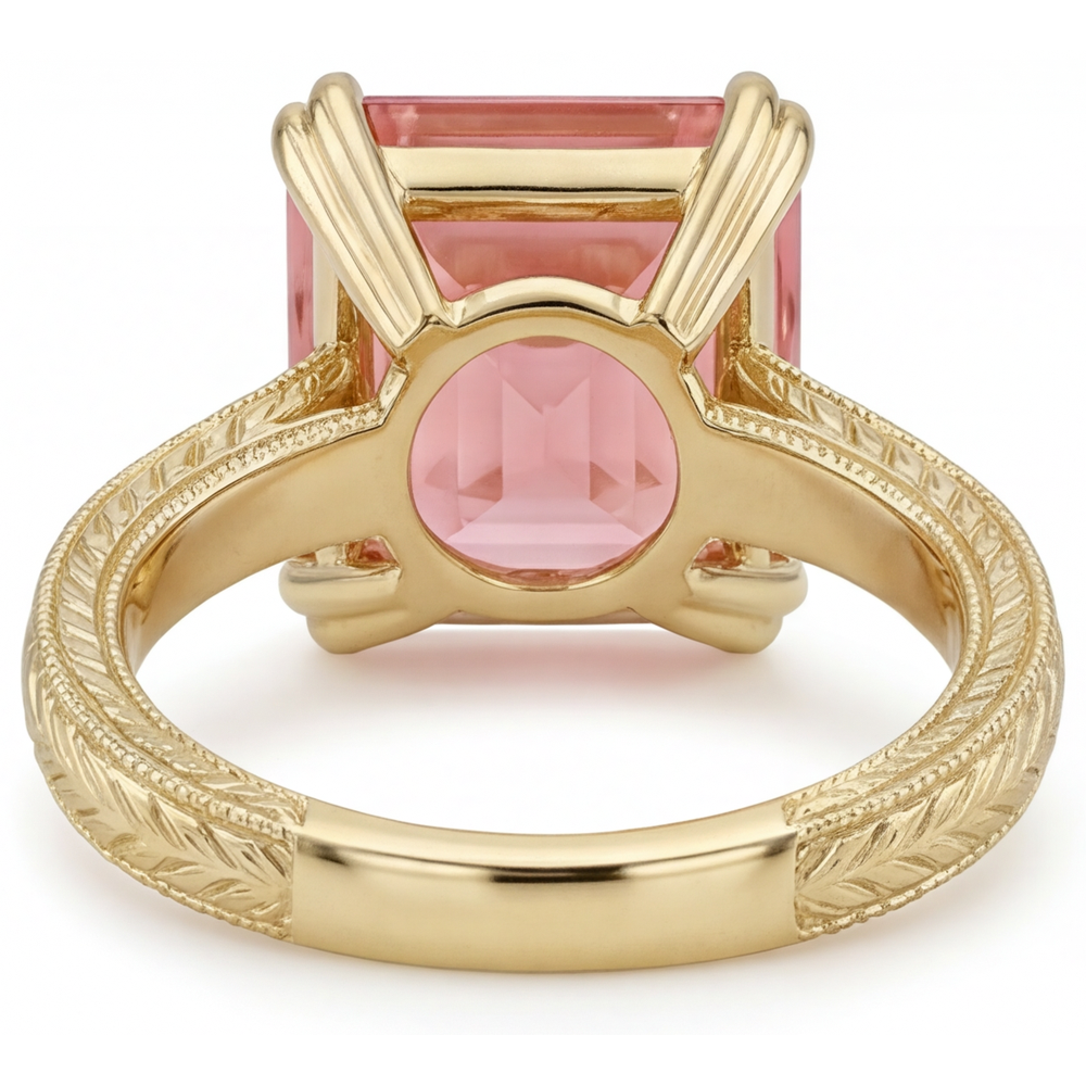 Verlobungsring mit pfirsichfarbenem Saphir, 3,5 Karat, natürlicher Padparadscha-Solitär im Asscher-Schliff, 14 Karat Gelbgold