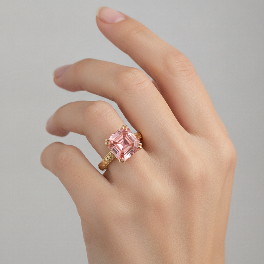 Verlobungsring mit pfirsichfarbenem Saphir, 3,5 Karat, natürlicher Padparadscha-Solitär im Asscher-Schliff, 14 Karat Gelbgold