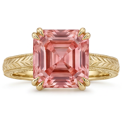 Verlobungsring mit pfirsichfarbenem Saphir, 3,5 Karat, natürlicher Padparadscha-Solitär im Asscher-Schliff, 14 Karat Gelbgold