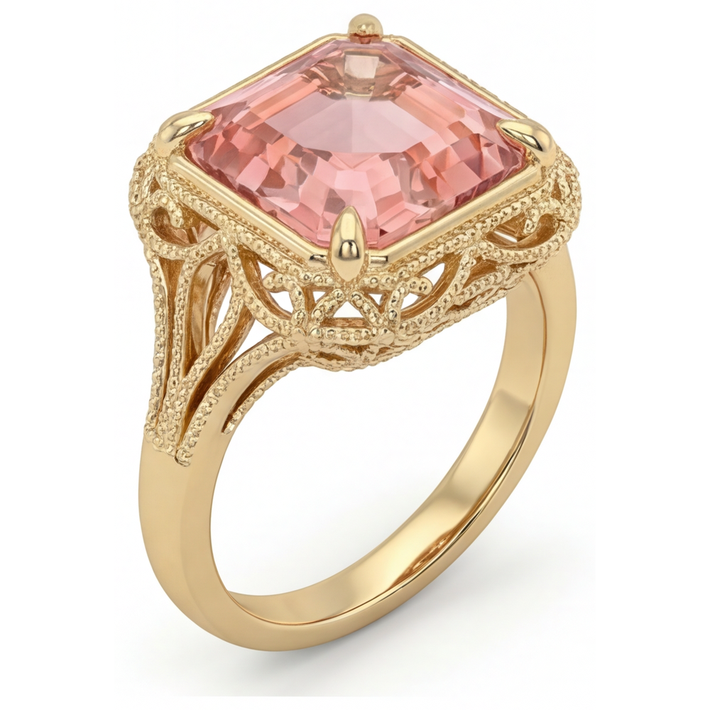 Vintage-Solitärring aus 14 Karat Gelbgold mit echtem pfirsichfarbenem Padparadscha-Saphir im Asscher-Schliff, 3,5 Karat