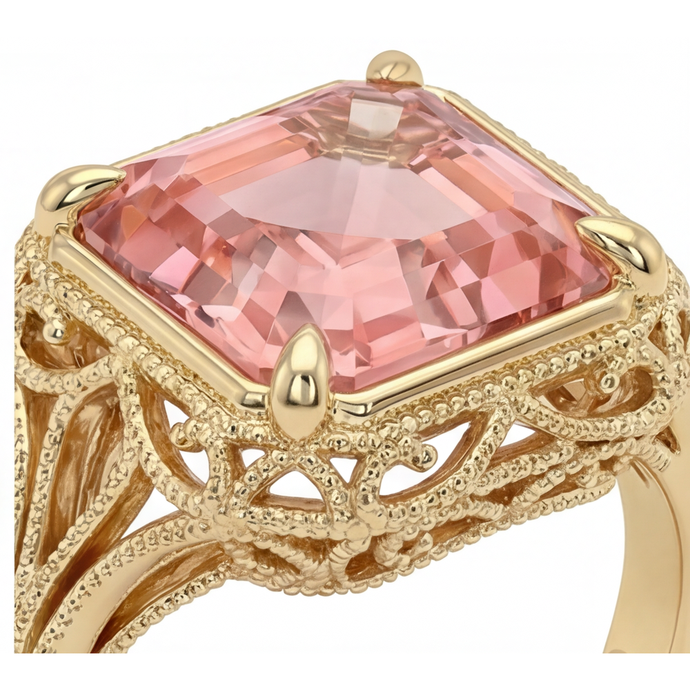 Vintage-Solitärring aus 14 Karat Gelbgold mit echtem pfirsichfarbenem Padparadscha-Saphir im Asscher-Schliff, 3,5 Karat