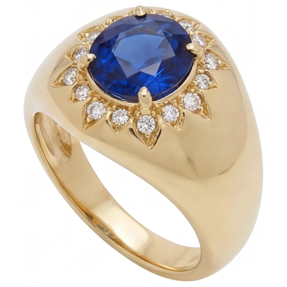 Blauer Saphir Brillantschliff Farbstein-Ring in 14 Karat Gelbgold – Seitenansicht