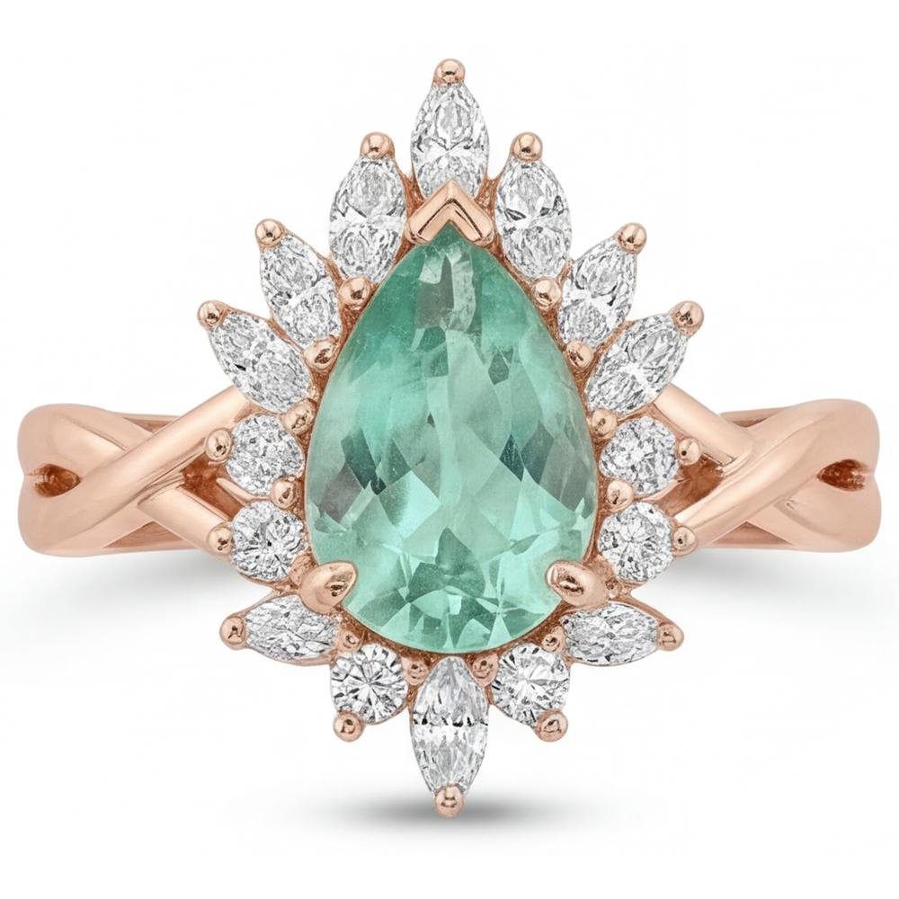 Authentischer Blauer Saphir Halo-Verlobungsring 3,5 Karat 14K Roségold – Schrägansicht