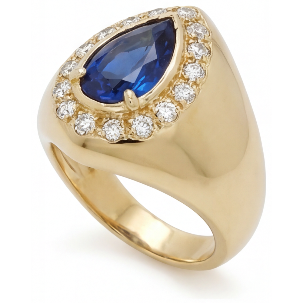 Blauer Saphir Birnen-Schliff Schmuckstein-Ring in 14 Karat Gelbgold – Seitenansicht