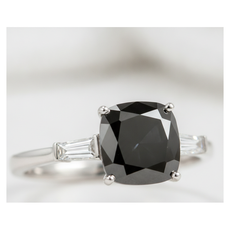 Dunkler Diamant Verlobungsring 3,6 Karat Echter Kissenschliff Schwarze Baguettes Drei Steine 14 Karat Weißgold