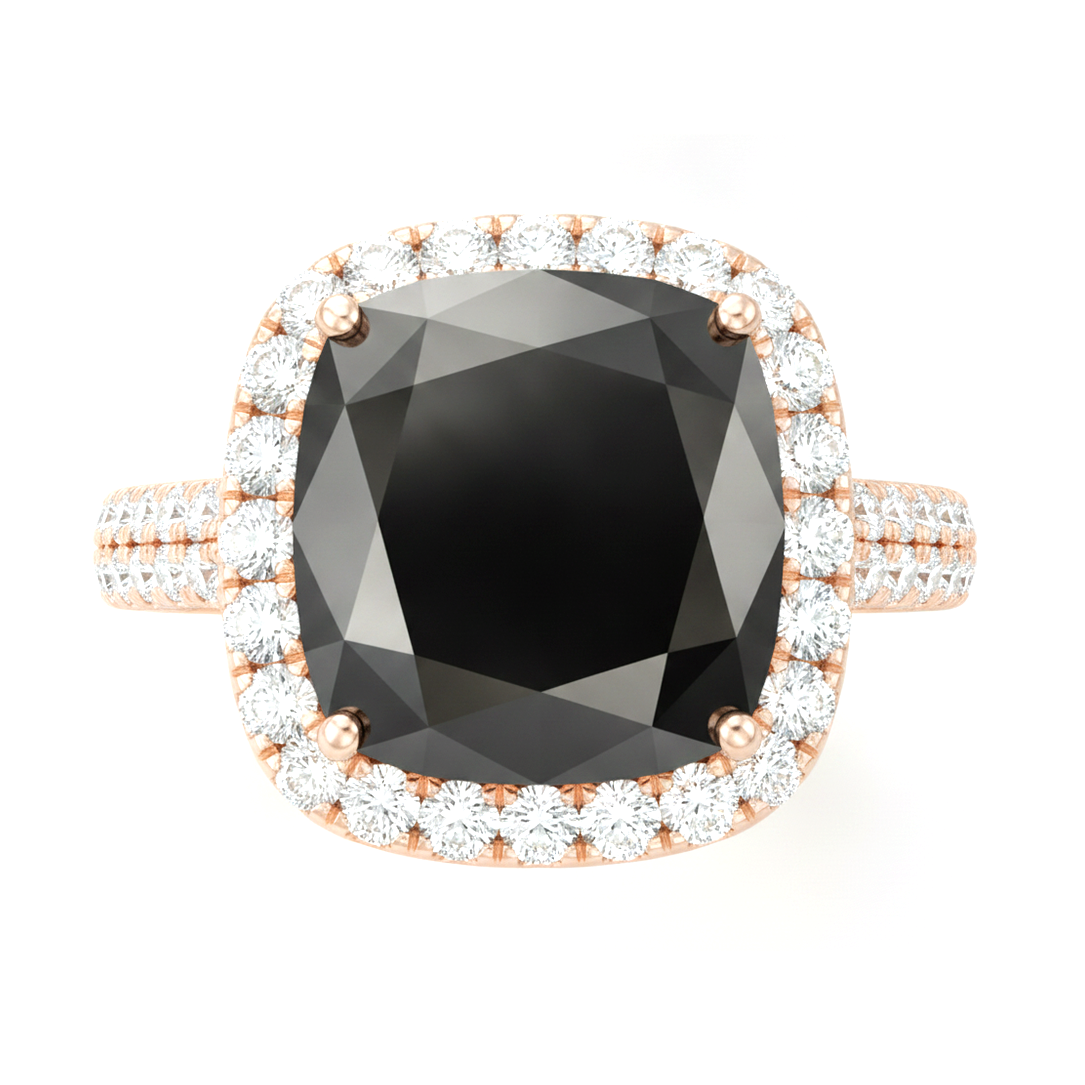 Schwarzer Diamant Verlobungsring 7,2 Karat Echter Kissenschliff Halo 14 Karat Roségold