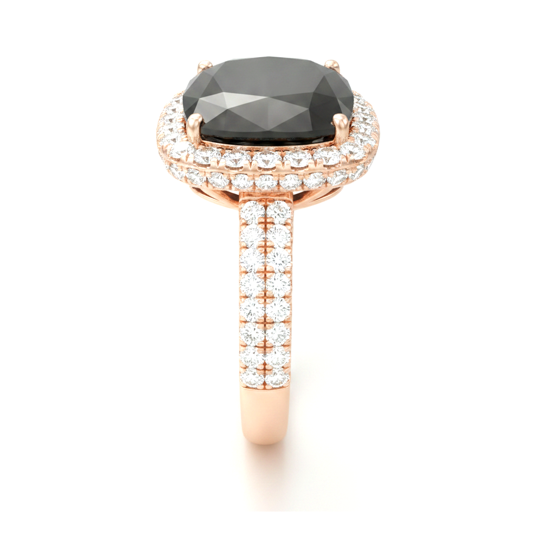 Schwarzer Diamant Verlobungsring 7,2 Karat Echter Kissenschliff Halo 14 Karat Roségold