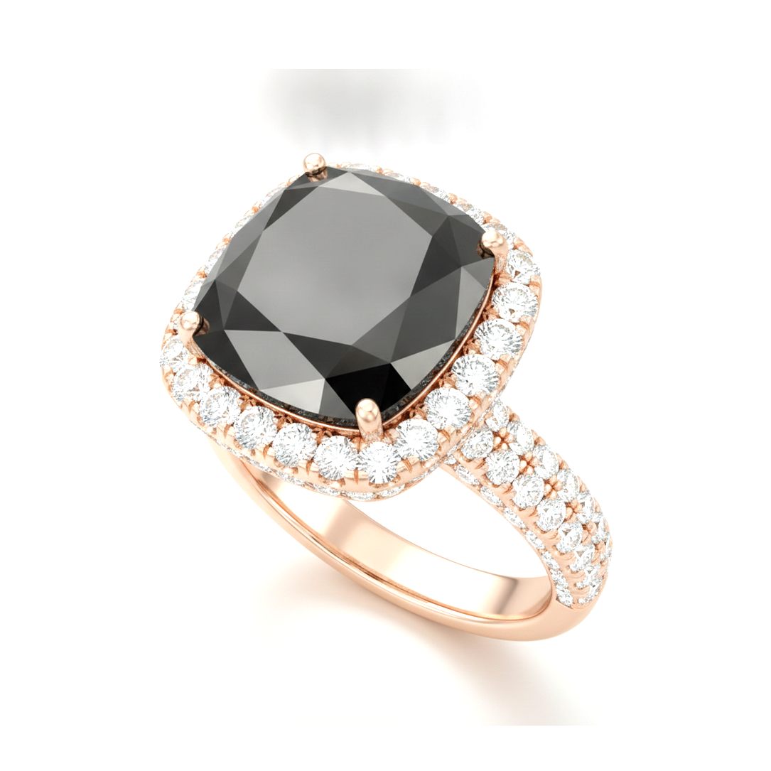 Schwarzer Diamant Verlobungsring 7,2 Karat Echter Kissenschliff Halo 14 Karat Roségold