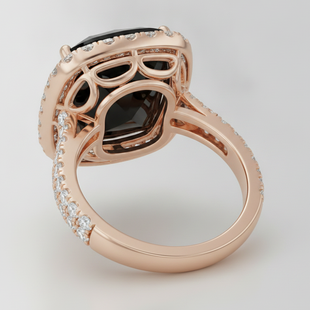 Schwarzer Diamant Verlobungsring 7,2 Karat Echter Kissenschliff Halo 14 Karat Roségold