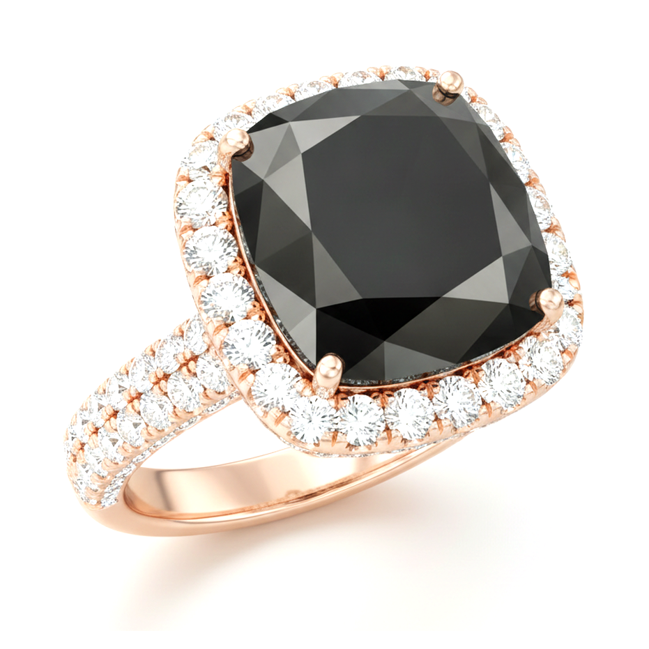Schwarzer Diamant Verlobungsring 7,2 Karat Echter Kissenschliff Halo 14 Karat Roségold