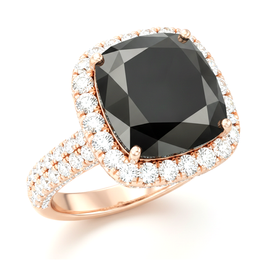 Schwarzer Diamant Verlobungsring 7,2 Karat Echter Kissenschliff Halo 14 Karat Roségold