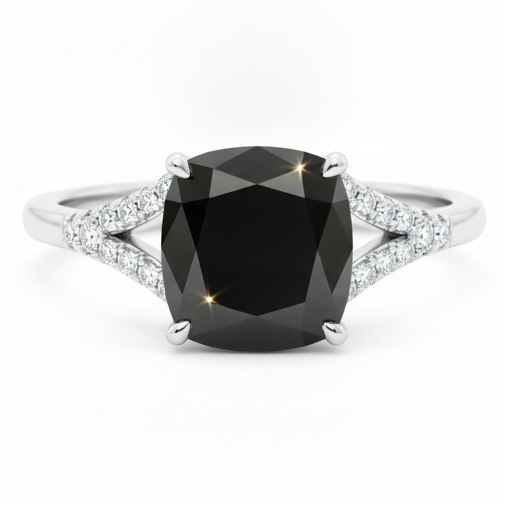 Ring mit echtem schwarzem Diamant 3,2 Karat Kissenschliff Pavé Kathedralfassung 14 Karat Weißgold