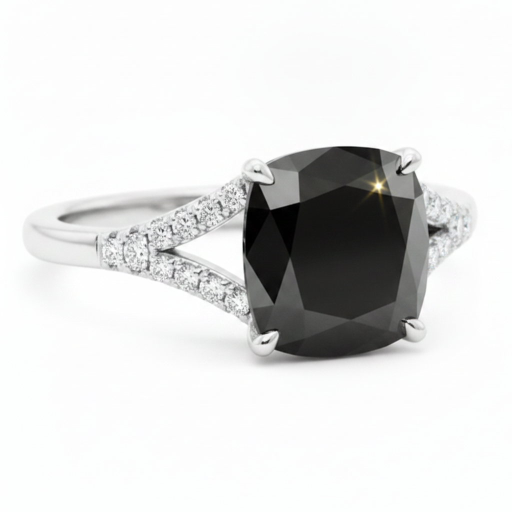 Ring mit echtem schwarzem Diamant 3,2 Karat Kissenschliff Pavé Kathedralfassung 14 Karat Weißgold
