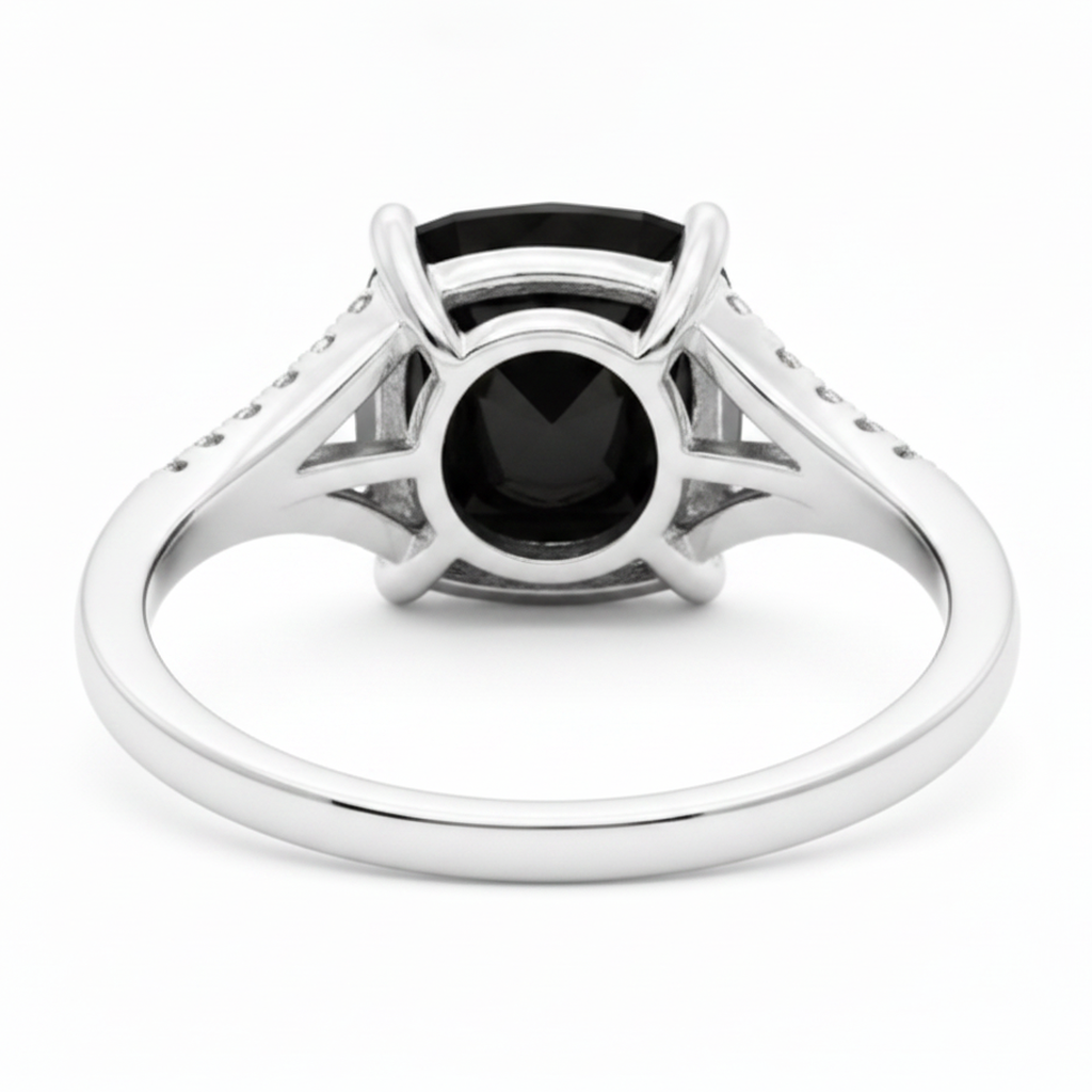 Ring mit echtem schwarzem Diamant 3,2 Karat Kissenschliff Pavé Kathedralfassung 14 Karat Weißgold
