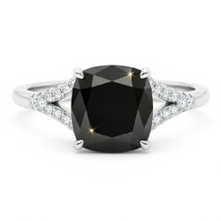 Ring mit echtem schwarzem Diamant 3,2 Karat Kissenschliff Pavé Kathedralfassung 14 Karat Weißgold