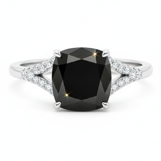 Ring mit echtem schwarzem Diamant 3,2 Karat Kissenschliff Pavé Kathedralfassung 14 Karat Weißgold