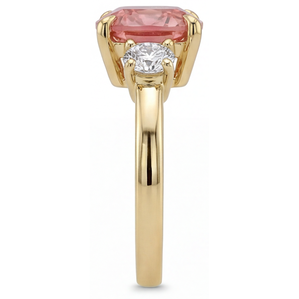 Padparadscha-Saphir Verlobungsring, 4,6 Karat, im Labor gezüchtet, Kissenschliff, drei Steine, 14 Karat Gelbgold