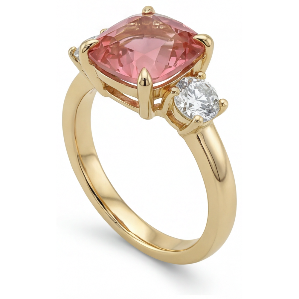 Padparadscha-Saphir Verlobungsring, 4,6 Karat, im Labor gezüchtet, Kissenschliff, drei Steine, 14 Karat Gelbgold