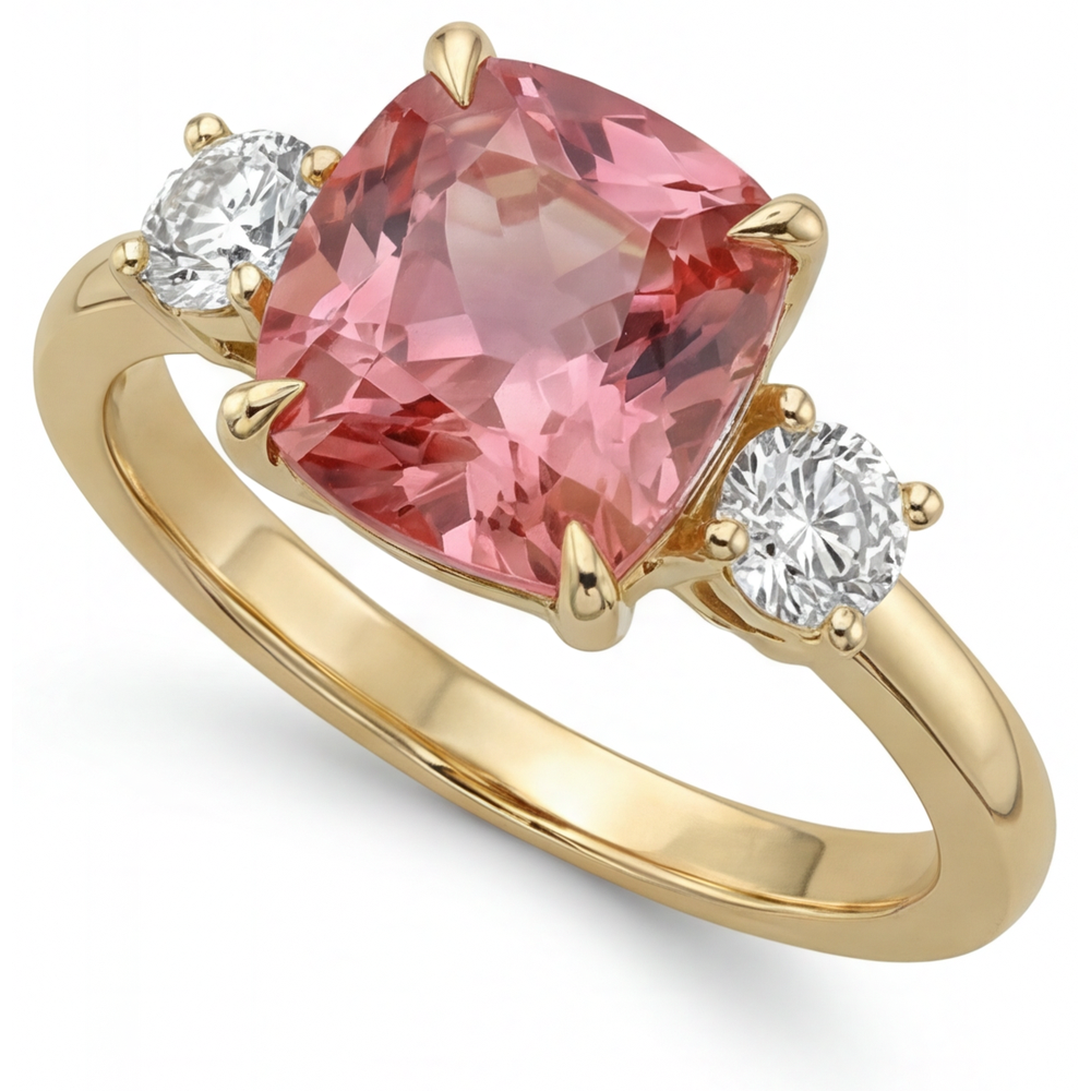 Padparadscha-Saphir Verlobungsring, 4,6 Karat, im Labor gezüchtet, Kissenschliff, drei Steine, 14 Karat Gelbgold