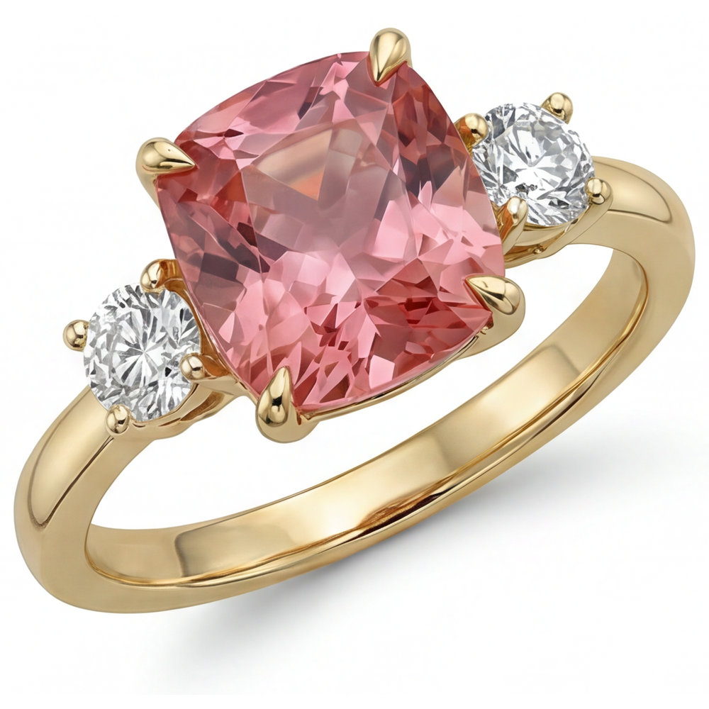 Padparadscha-Saphir Verlobungsring, 4,6 Karat, im Labor gezüchtet, Kissenschliff, drei Steine, 14 Karat Gelbgold
