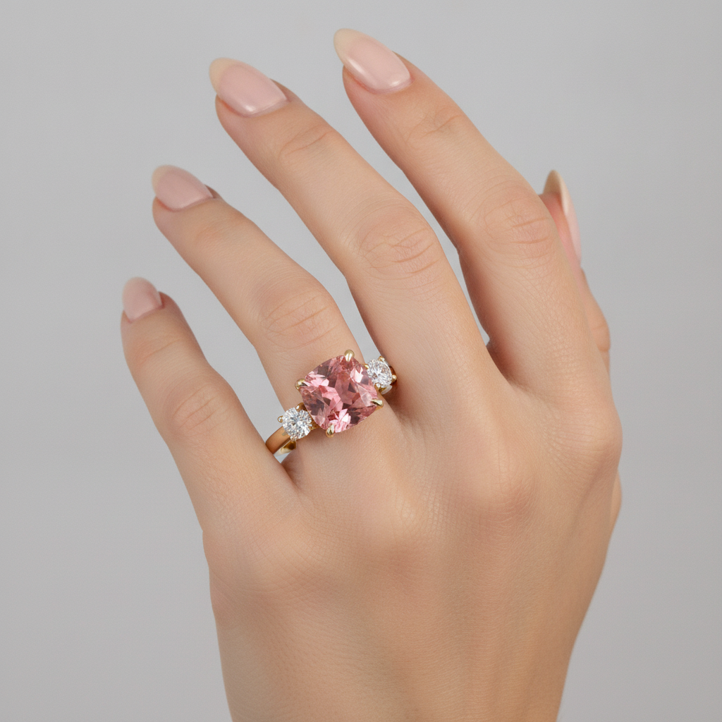 Padparadscha-Saphir Verlobungsring, 4,6 Karat, im Labor gezüchtet, Kissenschliff, drei Steine, 14 Karat Gelbgold