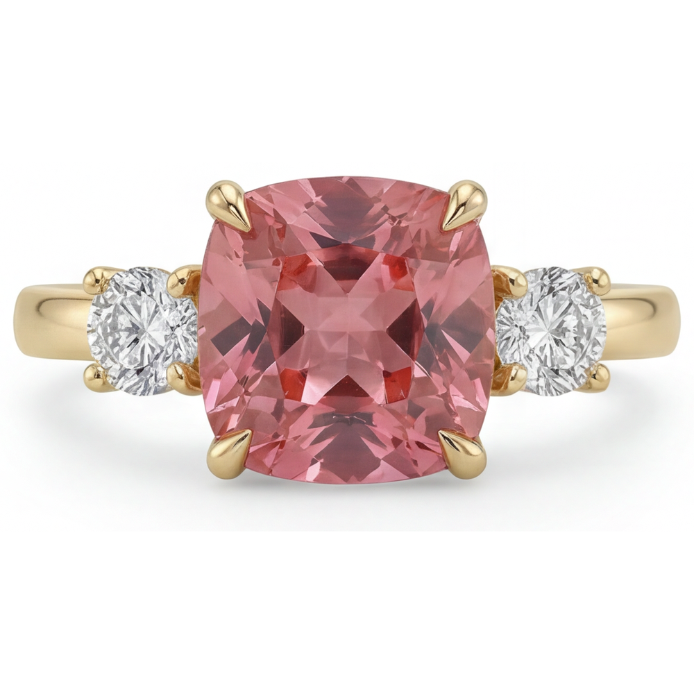 Padparadscha-Saphir Verlobungsring, 4,6 Karat, im Labor gezüchtet, Kissenschliff, drei Steine, 14 Karat Gelbgold