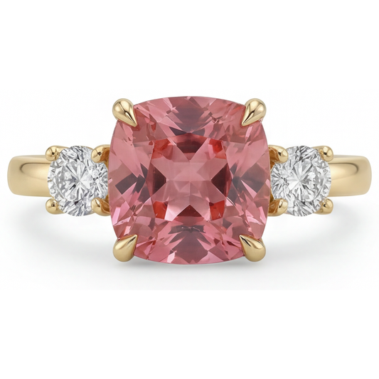 Padparadscha-Saphir Verlobungsring, 4,6 Karat, im Labor gezüchtet, Kissenschliff, drei Steine, 14 Karat Gelbgold