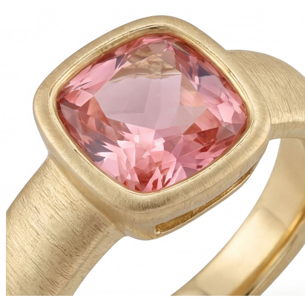 Pfirsich-Padparadscha-Saphir Solitärring mit Lünette, 4 Karat, im Labor gezüchtet, Kissenschliff, 14 Karat Gelbgold