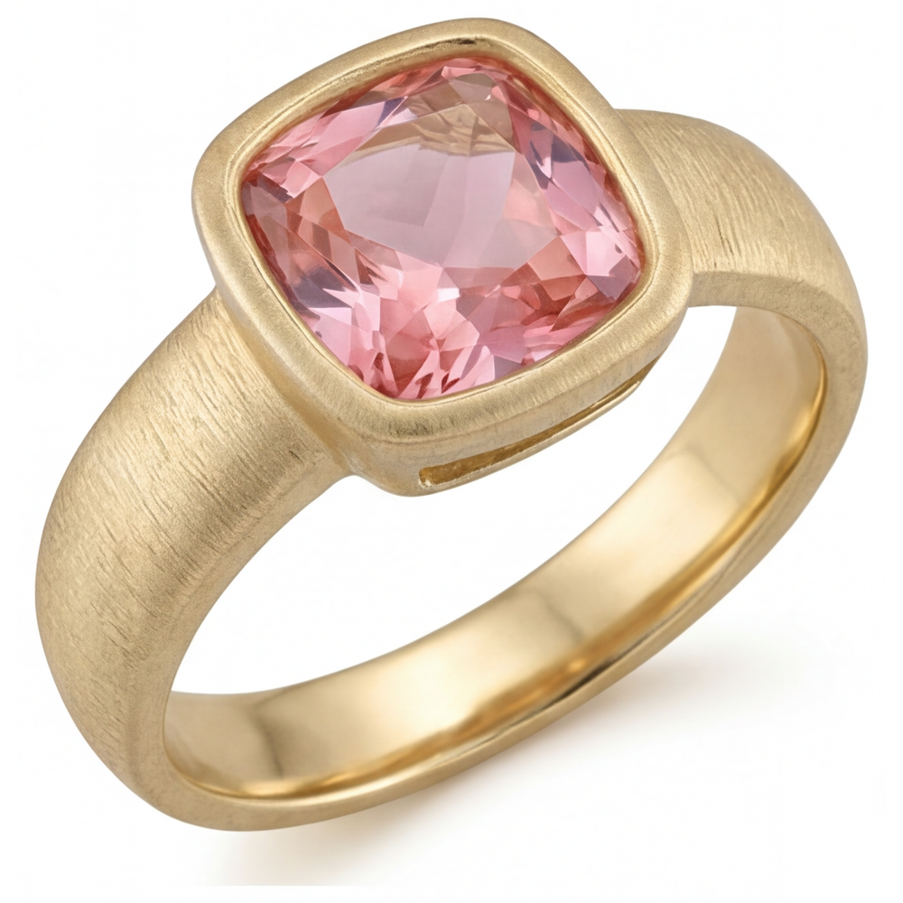 Pfirsich-Padparadscha-Saphir Solitärring mit Lünette, 4 Karat, im Labor gezüchtet, Kissenschliff, 14 Karat Gelbgold