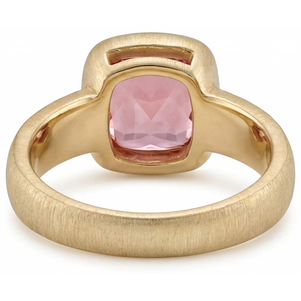Pfirsich-Padparadscha-Saphir Solitärring mit Lünette, 4 Karat, im Labor gezüchtet, Kissenschliff, 14 Karat Gelbgold