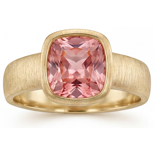 Pfirsich-Padparadscha-Saphir Solitärring mit Lünette, 4 Karat, im Labor gezüchtet, Kissenschliff, 14 Karat Gelbgold