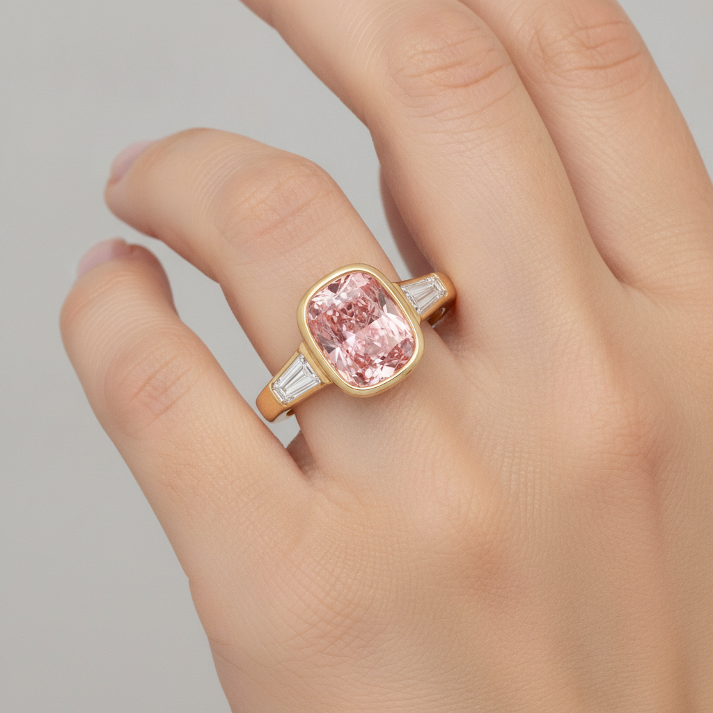 Dreistein-Ring aus 14K Gelbgold mit natürlichem Pfirsich-Padparadscha-Saphir 3,9 Karat im Kissenschliff und weisser Baguette-Lünette