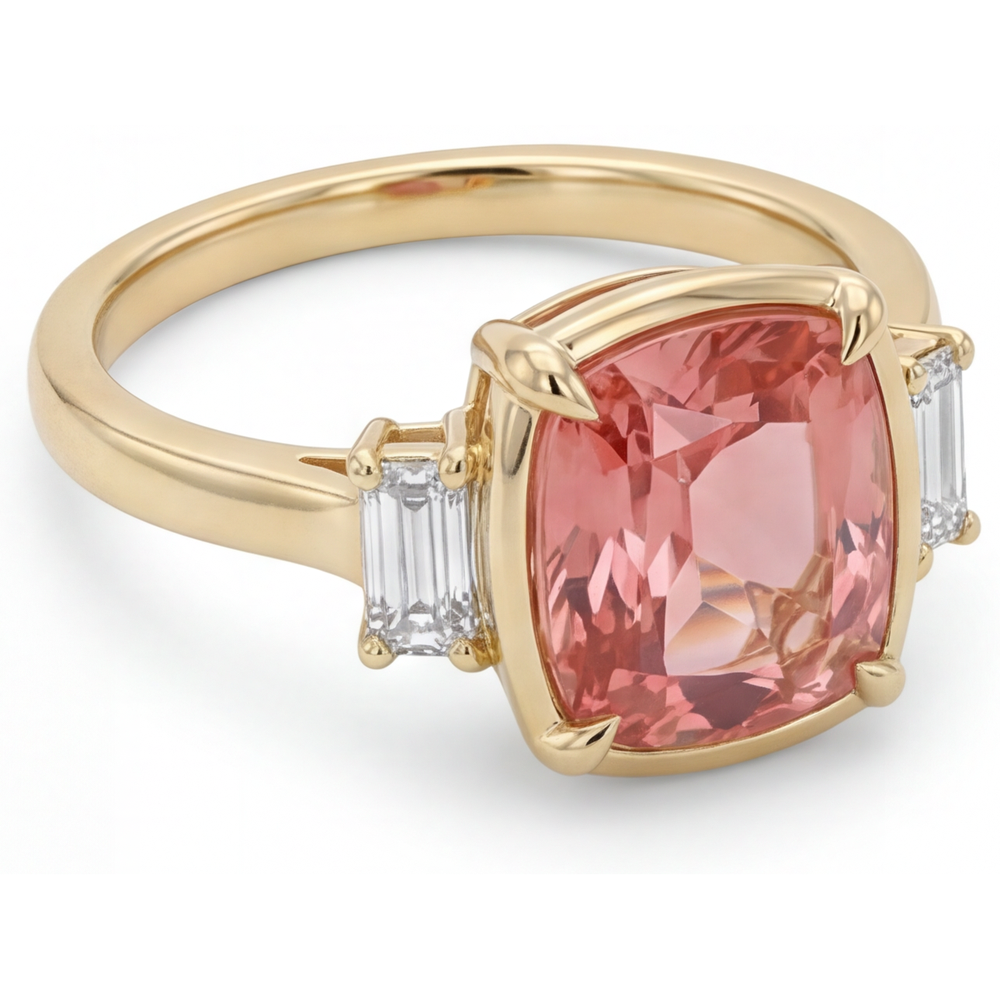Padparadscha-Saphir- und Diamantring 3,4 Karat, echter Kissenschliff, weisse Baguettes, Dreistein, 14 Karat Gelbgold