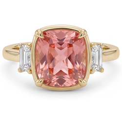 Padparadscha-Saphir- und Diamantring 3,4 Karat, echter Kissenschliff, weisse Baguettes, Dreistein, 14 Karat Gelbgold