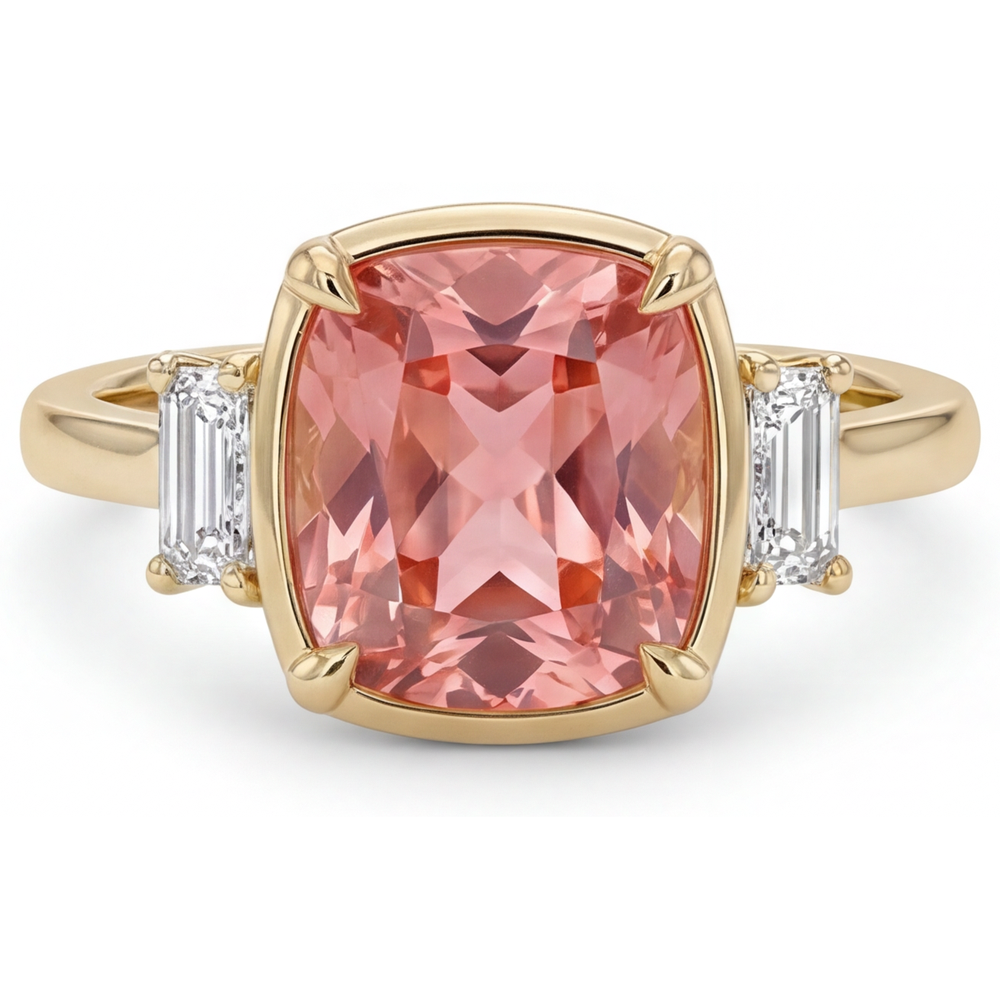 Padparadscha-Saphir- und Diamantring 3,4 Karat, echter Kissenschliff, weisse Baguettes, Dreistein, 14 Karat Gelbgold