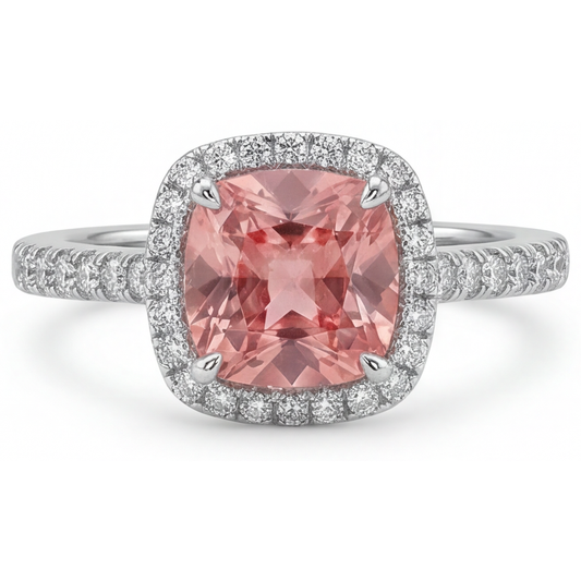 Vintage Padparadscha-Saphir-Ring 2,8 Karat Echter Kissenschliff Halo Pavé 14 Karat Weißgold