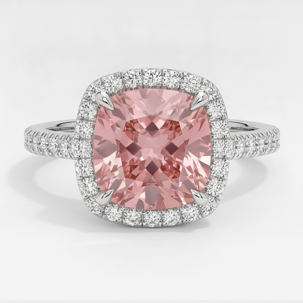 Halo-Pavé-Ring aus 14 Karat Weißgold mit natürlichem pfirsichfarbenem Padparadscha-Saphir im Kissenschliff, 2,8 Karat