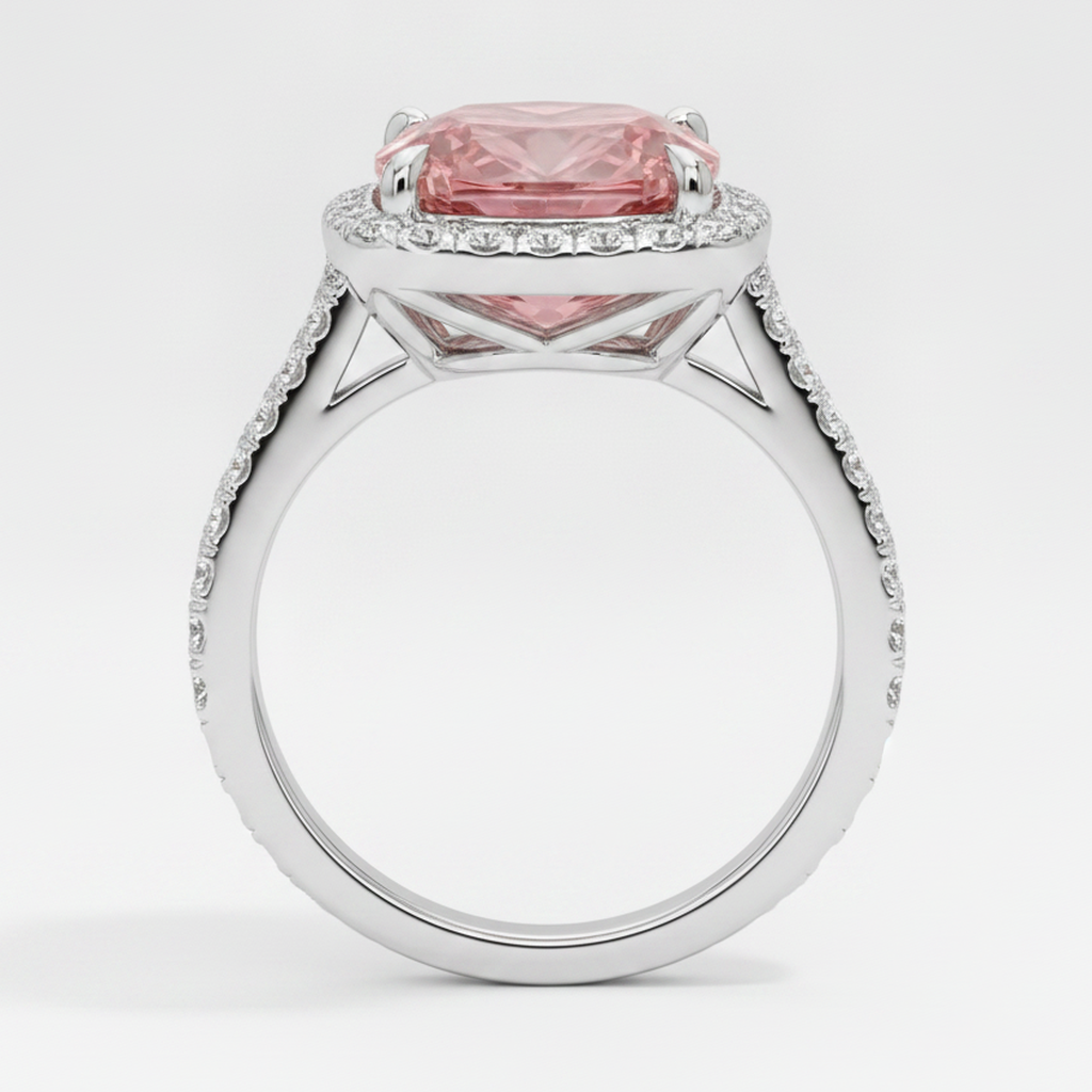 Halo-Pavé-Ring aus 14 Karat Weißgold mit natürlichem pfirsichfarbenem Padparadscha-Saphir im Kissenschliff, 2,8 Karat
