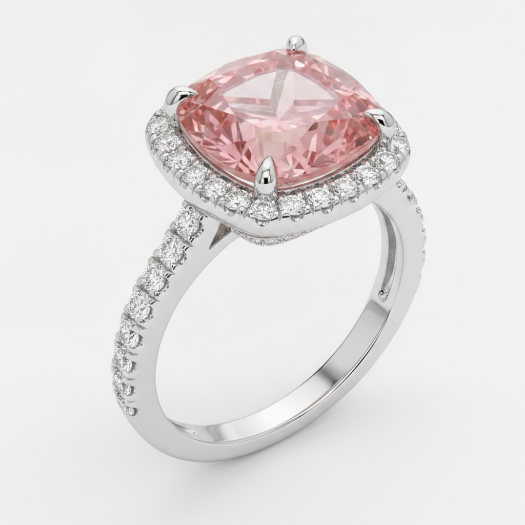 Halo-Pavé-Ring aus 14 Karat Weißgold mit natürlichem pfirsichfarbenem Padparadscha-Saphir im Kissenschliff, 2,8 Karat