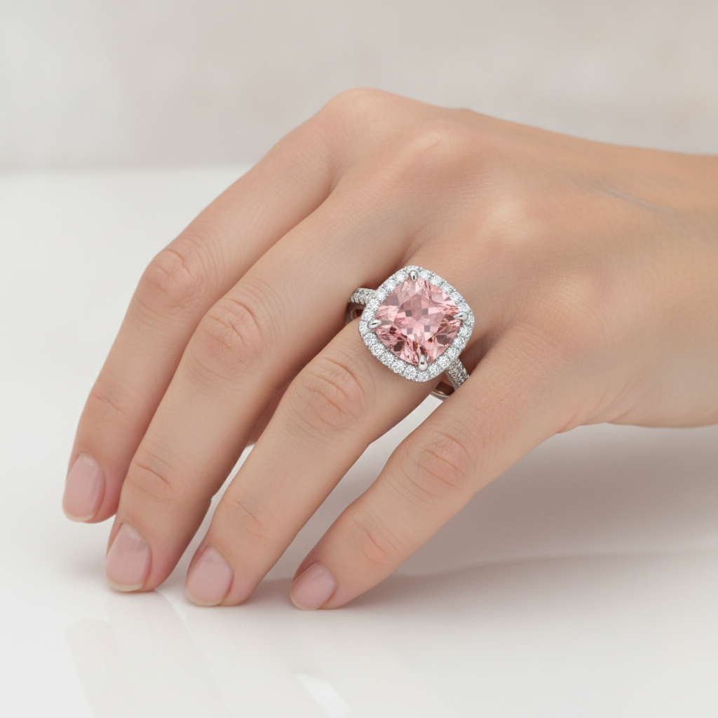 Halo-Pavé-Ring aus 14 Karat Weißgold mit natürlichem pfirsichfarbenem Padparadscha-Saphir im Kissenschliff, 2,8 Karat