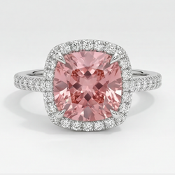 Halo-Pavé-Ring aus 14 Karat Weißgold mit natürlichem pfirsichfarbenem Padparadscha-Saphir im Kissenschliff, 2,8 Karat