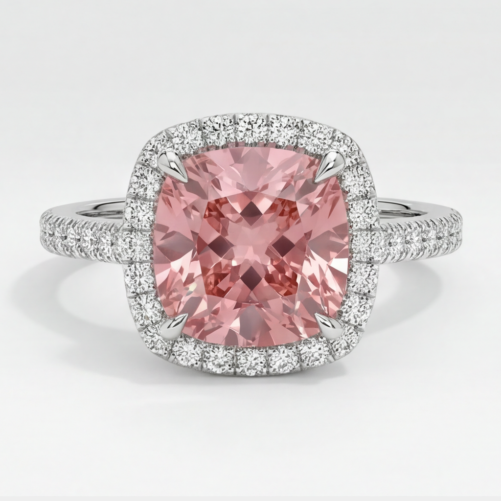 Halo-Pavé-Ring aus 14 Karat Weißgold mit natürlichem pfirsichfarbenem Padparadscha-Saphir im Kissenschliff, 2,8 Karat