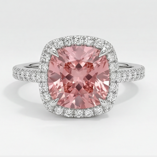 Halo-Pavé-Ring aus 14 Karat Weißgold mit natürlichem pfirsichfarbenem Padparadscha-Saphir im Kissenschliff, 2,8 Karat
