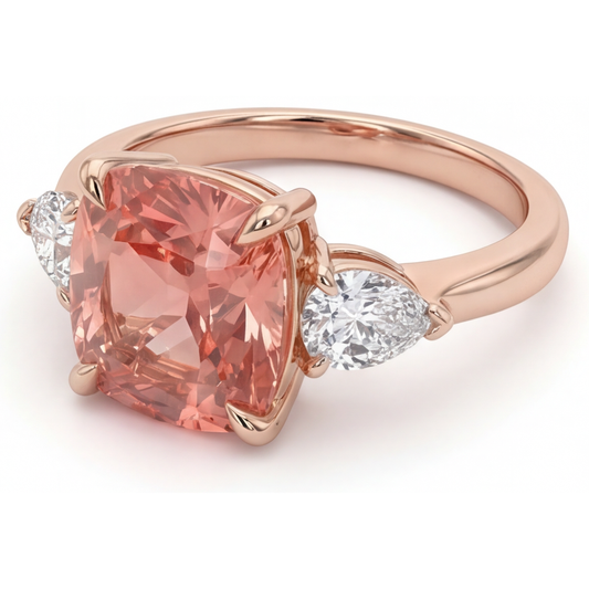 Padparadscha-Saphir Verlobungsring 2,9 Karat natürlicher Kissenschliff Dreistein schlicht 14 Karat Roségold